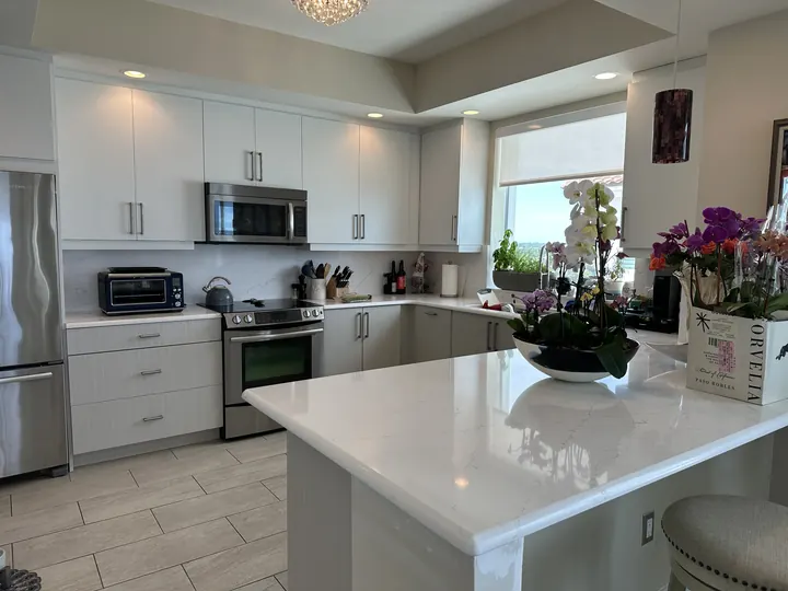 Completed modern kitchen with white quartz countertops