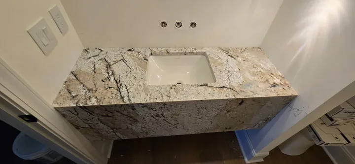 Overhead view of stone vanity top in St. Petersburg