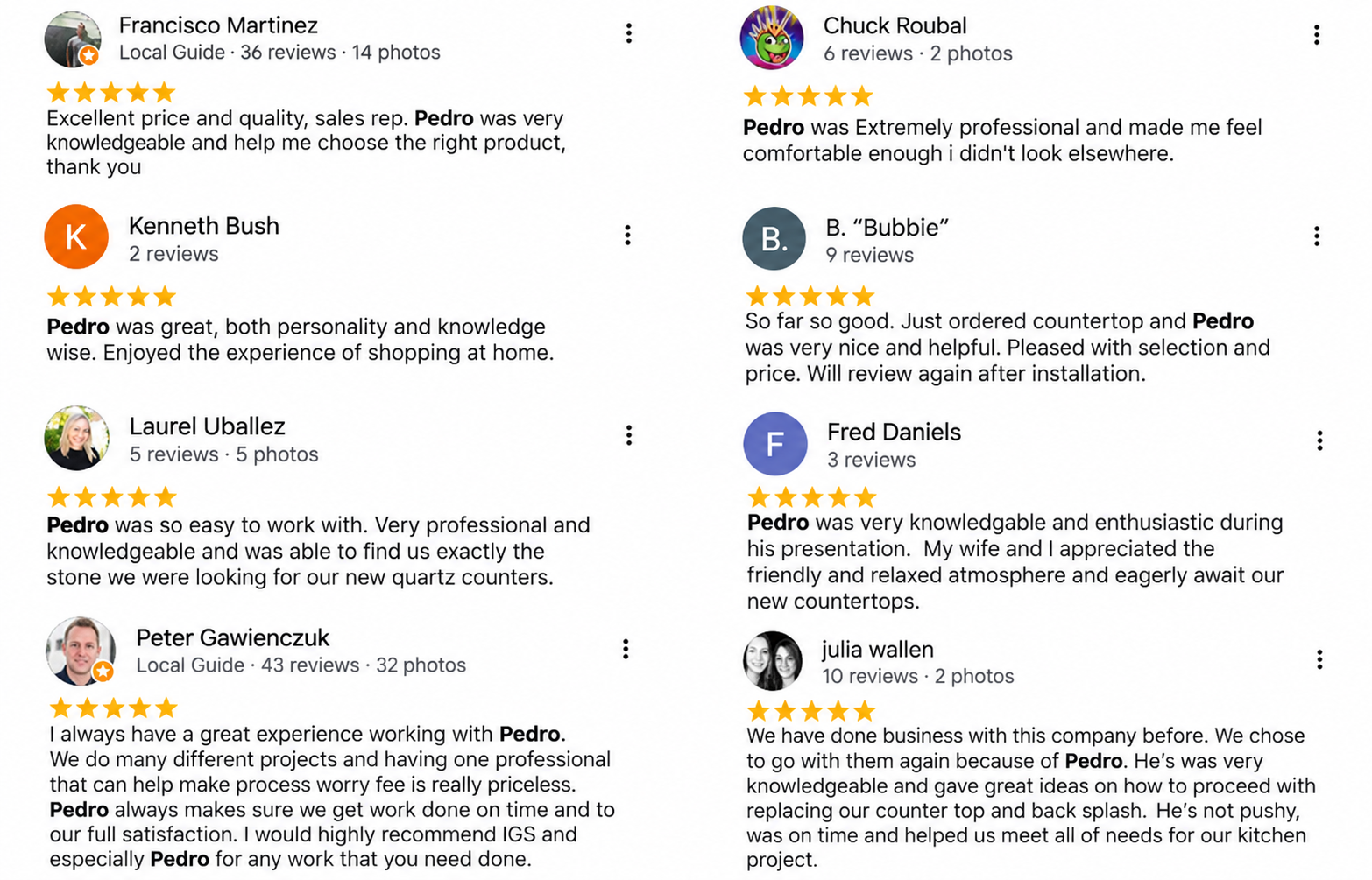 Collection of five-star Google reviews mentioning Pedro and countertop service