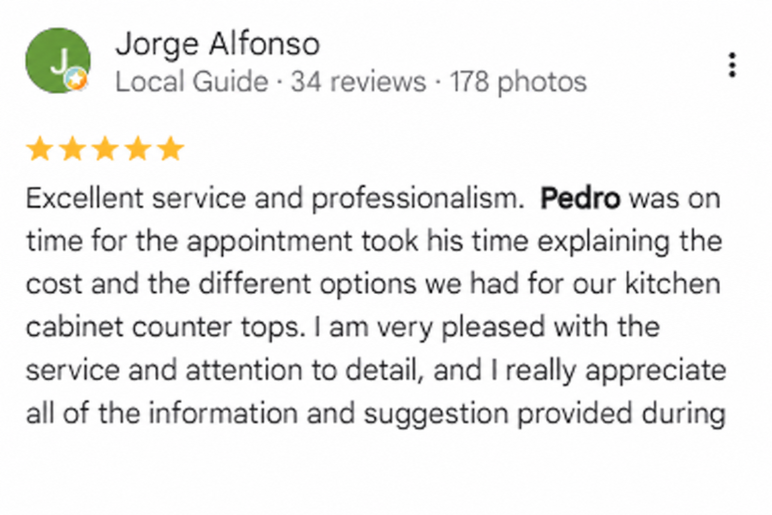 Five-star Google review from Jorge Alfonso praising Pedro's service and professionalism