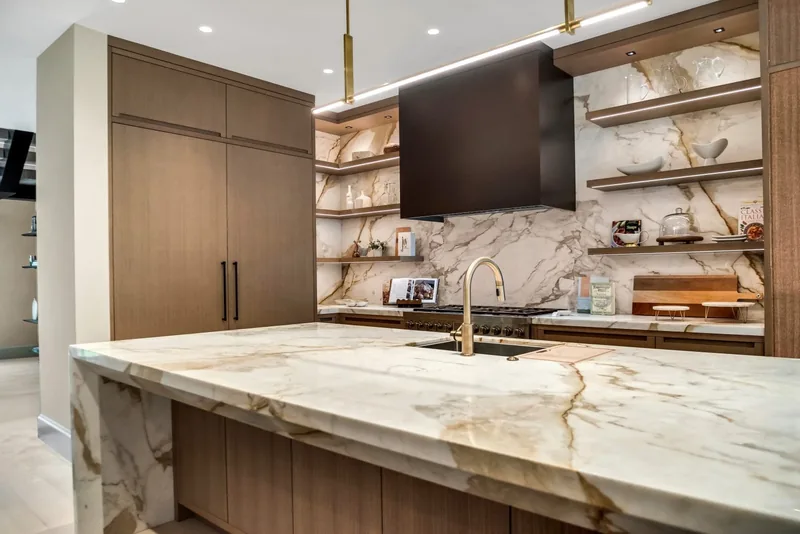Waterfall stone kitchen island detail